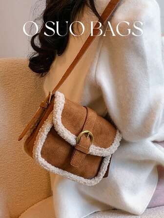 1 pieza Mini bolso de hombro cuadrado pequeño con cierre magnético, adorno de felpa de ante con diseño de ciervo, cálido para el invierno