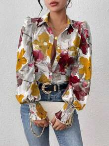 Floral Print Button Front Lantern Sleeve Shirt, Vacation