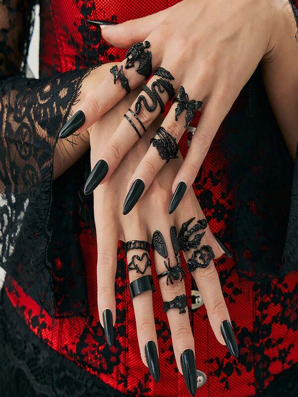 16pcs Gothic Style Snake Vine Open Rings, Spider Bat Ring Set, Halloween Party Gag Gifts
