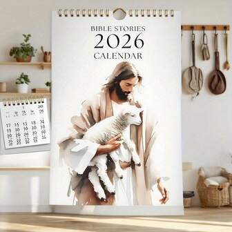 1pc 2026 Jesus And The Lamb Bible Story Calendar - Watercolor Art Printable Poster, Religious Wall Decor, Suitable For Living Room And Bedroom, Inspirational Christian Home Decor