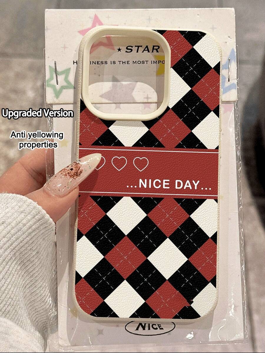 WeiMi 1pc New Cute Red Black White Plaid "NICE" Pattern Waterproof Anti-Fall Anti-Slip High-Quality Soft Leather Texture Phone Case Protective Cover Compatible With Apple, Phones - Multicolor - View 1
