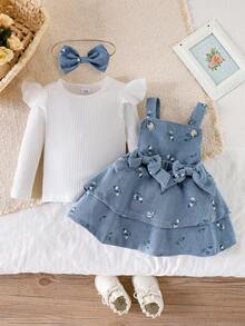 3 件套女婴甜美纯色长袖 T 恤上衣和花卉分层荷叶边腰吊带裙蛋糕裙配蝴蝶结头带套装 - 藍色 - 查看 3