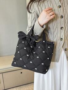 Large Capacity Tote Bag, Quilted For Autumn/Winter, Elegant Butterfly Embroidery New Shoulder Bag, Casual Outdoor & Commute Handbag, Cute Style For Women