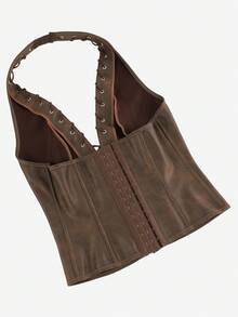 Lace-Up Corset Top For Women, Tight Bustier Halter Neck Vintage Boned Bodice Outerwear, Suitable For Stage Performance, Masquerade, Halloween, Pirate Costume, Retro Court Style - 咖啡棕 - 查看 5