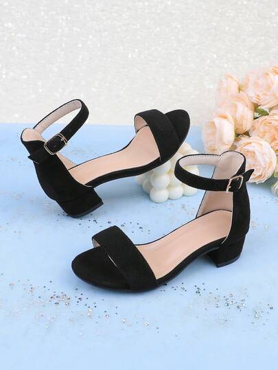 Girls' Fashion Black Simple Open Toe Breathable Lightweight Summer Elegant High Heel Thick Heel Sandals Suitable For Formal Dress, Party, Wedding, Holiday, Dance, Princess Shoes For Little, Medium And Big Girls