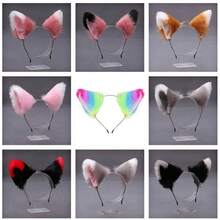 1 件动物派对，带蝴蝶结的毛茸茸耳朵头带，可爱的猫耳头饰，适合角色扮演、化妆舞会、万圣节、全年
