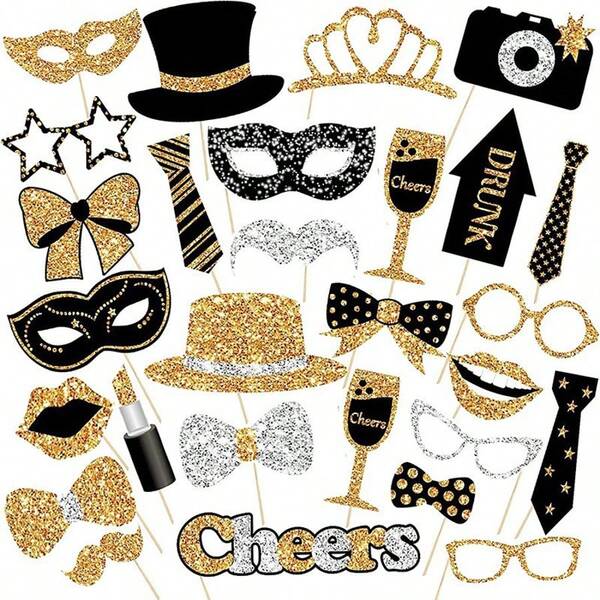 30pcs Black & Gold Confetti, New Year Birthday Party Photo Booth Props, Black & Gold Atmosphere Wedding Party Funny Decorations