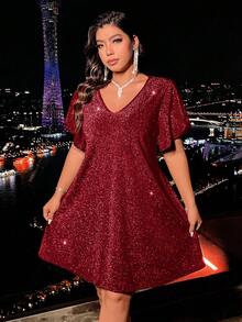 Plus Size Women's Summer Sequin Petal Short Sleeve Loose Straight Dress