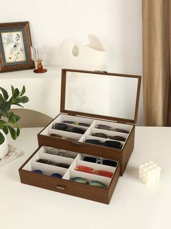 1pc Walnut Grain Eyeglasses Case, Large Capacity Eyewear Storage Box With 12 Compartments, Double Layer Eyeglasses Display Case With Glass Window, Ideal Gift For Elders