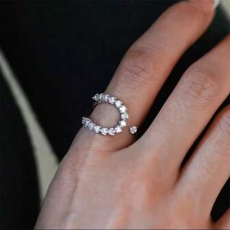 VKHK 1 件奢华全水钻闪亮锆石装饰开口戒指，适合女性日常和婚礼佩戴，礼物