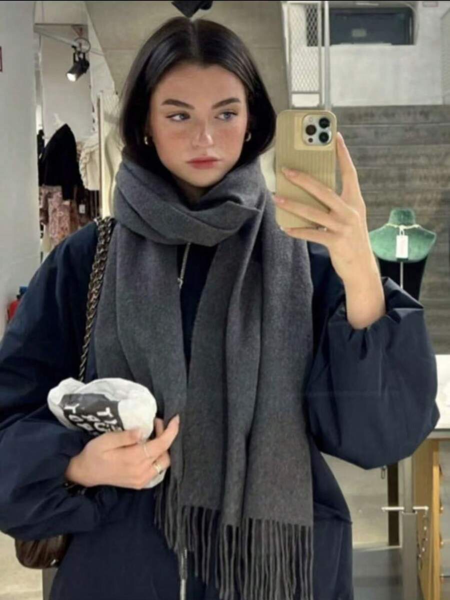 1 chiếc khăn choàng nữ tối giản, màu trơn, chất liệu giả cashmere, thích hợp cho mùa chuyển giao và sử dụng hàng ngày, chắn gió và giữ ấm, có thể phối cùng váy vào mùa thu/đông. - Màu xám đen - Xem 1