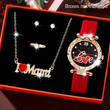 1 Set Damen Uhr mit Kunstlederarmband, Quarzwerk, Zifferblatt mit Edelsteinen und Strass-Halskette, Ohrringe, Ringe & Rubin Accessoires. Perfekt für den Alltag, Geburtstage, Partys, Feiertage und als ideales Geschenk für sich selbst oder Freunde. Ohne Verpackung.