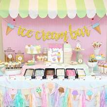 DIce Cream Bar Decor Kit Summer Ice Cream Sundae Bar Glitter Banner Ice Cream Table Sign Food Labels Tents Cup Tag Sticker For Ice Cream Theme Baby Bridal Shower Bday Wedding Graduation Party Plies10 - 粉紅白 - 查看 6