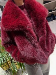女士仿皮草外套，酒红色长袖大衣，秋冬款 - 紅色 - 查看 6