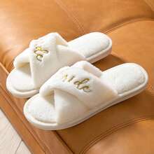 Gold Embroidered Letters Plush Comfortable Slippers For Women Home Indoor Floor Non-Slip Open-Toed Slippers - trắng - Xem 9