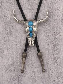 1pc Punk Western Cowboy Bull Head Embossed Bolo Tie Necklace, Versatile Braided Necktie Choker Necklace, Gift For Father/Boyfriend