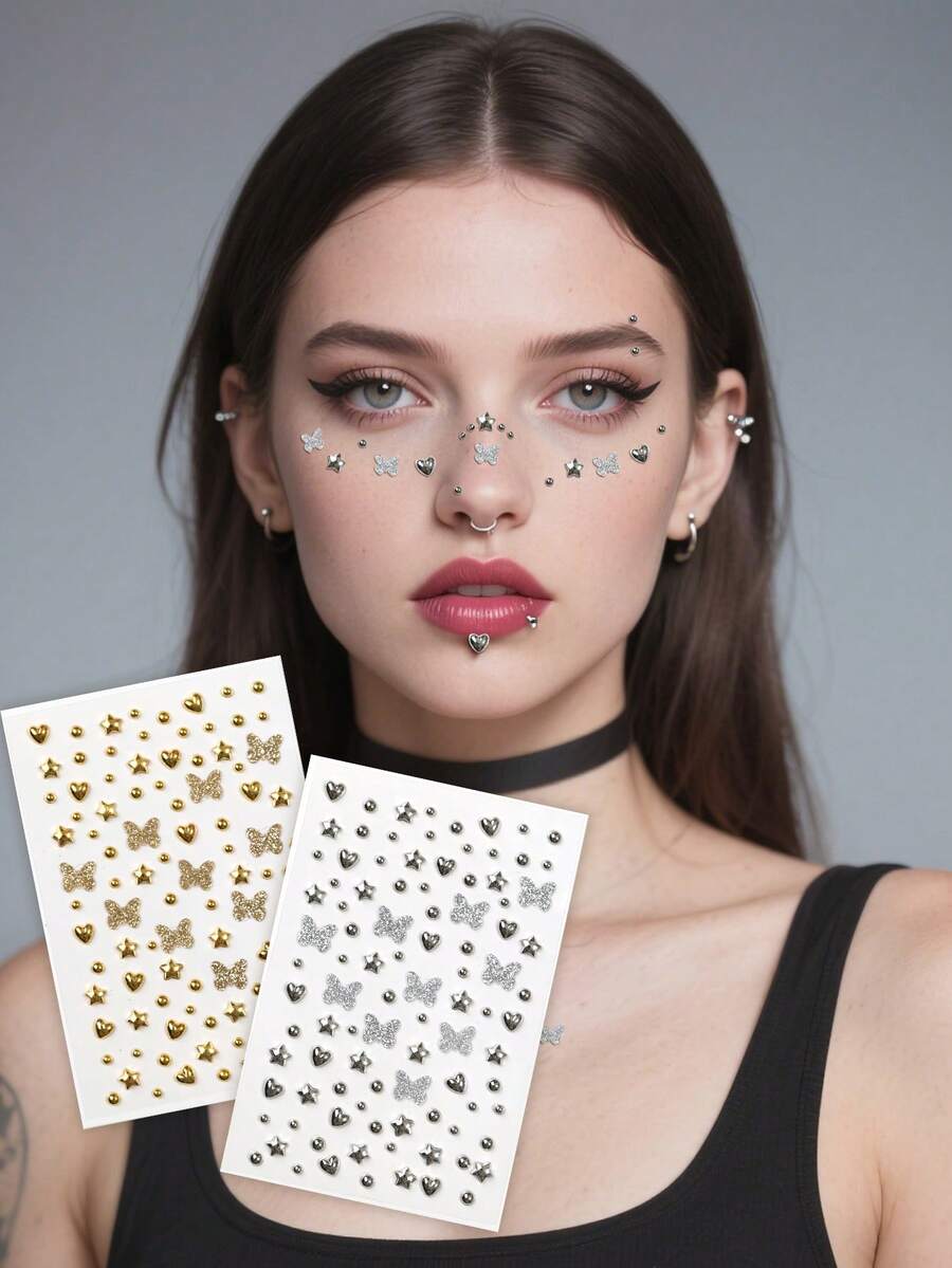 Metallic Silver Gray With Gold Rivet Star Butterfly Heart Y2K Face Decoration Rhinestone Stickers DIY Holiday Party Makeup Ball Face Decoration Glitter Rhinestone Stickers - Multicolor - View 1