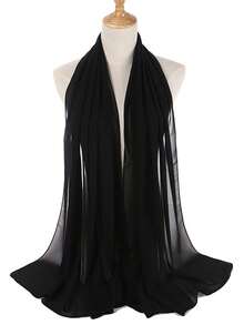 1pc Modest Casual Versatile Solid Color Soft & Breathable Chiffon Hijab Scarf, Spring/Summer - Black - View 3