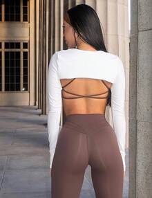 Women Crop Top Long Sleeve Bolero Open Front Workout Cropped Shirts Sports Shrug - 白色 - 查看 5