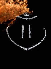5 件奢华水钻几何项链、耳环、手链、戒指首饰套装，优雅时尚，适合婚礼、派对、日常通勤 - 銀色 - 查看 4