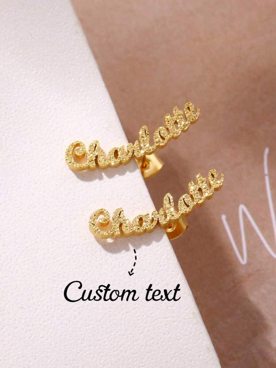 Customized Name Women's Earrings, Classic Stainless Steel Gold Cursive Letter Arch Earrings, Bohemian Style Summer Earrings, Personalized Pendant, Birthday Jewelry, Anniversary Gift For Wife, Couples, Christmas Present, Everyday Wear, Gold, Fashionable, Retro, Minimalist, Unisex - Multicolor - View 1