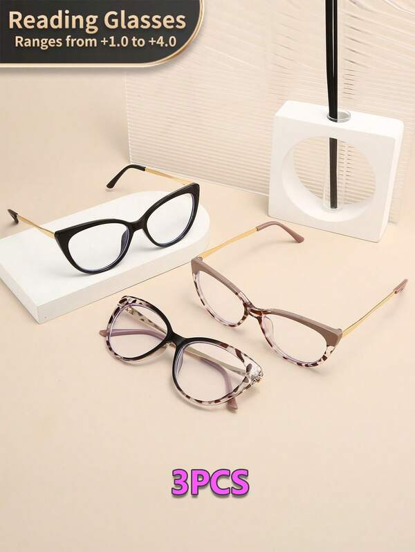 LiMiaoMiao 3pcs Vintage Cat Eye Metal Reading Glasses, Clear Transparent Computer Reading Glasses, Magnification +1.0 To +4.0, Unisex