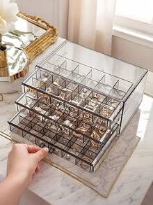 1pc Transparent 3-Layer 72-Grid Jewelry Storage Box For Women's Daily Earrings, Rings, Necklaces, Bracelets. Drawer Style 3-Layer 72-Grid Detachable Large Capacity Nail Drill & Nail Decoration Organizer