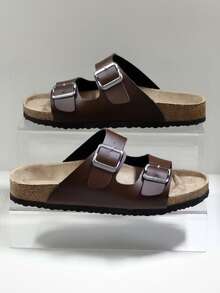 男士时尚双带双扣休闲防滑拖鞋,带足弓支撑,软木鞋底,舒适一脚蹬,夏季女士沙滩凉鞋,适合情侣日常穿着和度假 - 棕色 - 查看 2