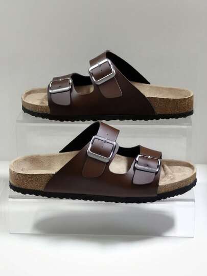 Men's Fashion Double Strap Double Buckle Casual Non-Slip Mule Slippers With Arch Support Soft Cork Sole, Comfortable Slip-On, Summer Ladies Beach Sandals, Suitable For Couples Everyday Wear And Vacation