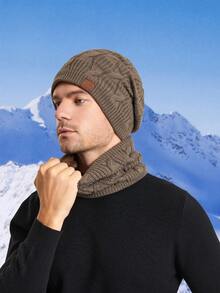 男士保暖帽和围巾套装，保暖内衬针织便帽，秋冬季厚针织帽 - 彩色 - 查看 5