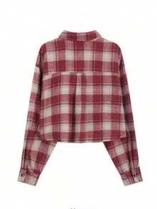 Vintage American Thick Red Plaid Shacket, Loose Oversized Design, Long Sleeve Top For Women - Red - View 4
