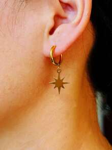 1 par de pendientes elegantes de acero inoxidable con diseños de hoja, luna, octágono, pentágono, herradura, corazón y estrella de mar, adecuados para el uso diario de las mujeres