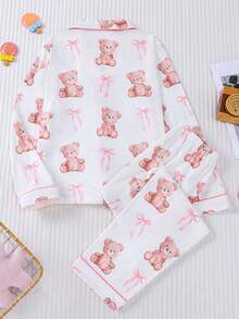 Set de 2 piezas Pijama infantil con estampado de oso de dibujos animados y lazo, camisa de cuello de cárdigan y pantalones de cintura elástica holgados, estampado adorable de oso rosa y lazo, adecuado para uso diario y ropa de estar en casa de niños y adolescentes