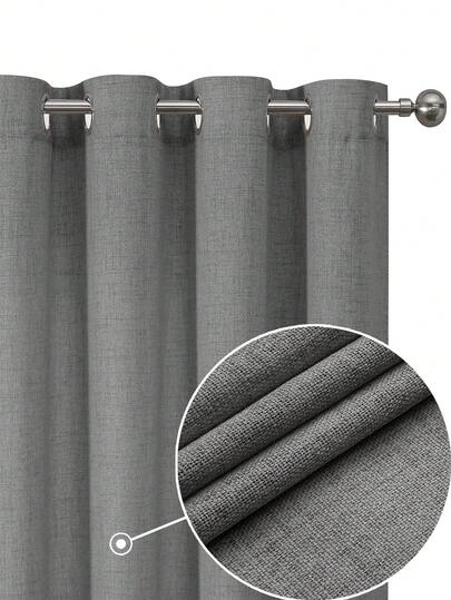 1pc/2pcs Set Faux Linen Texture Curtains, Suitable For Living Room Bedroom Privacy, Rustic Burlap Woven Semi-Sheer Grommet Top Light Filtering Curtains, Dark Grey