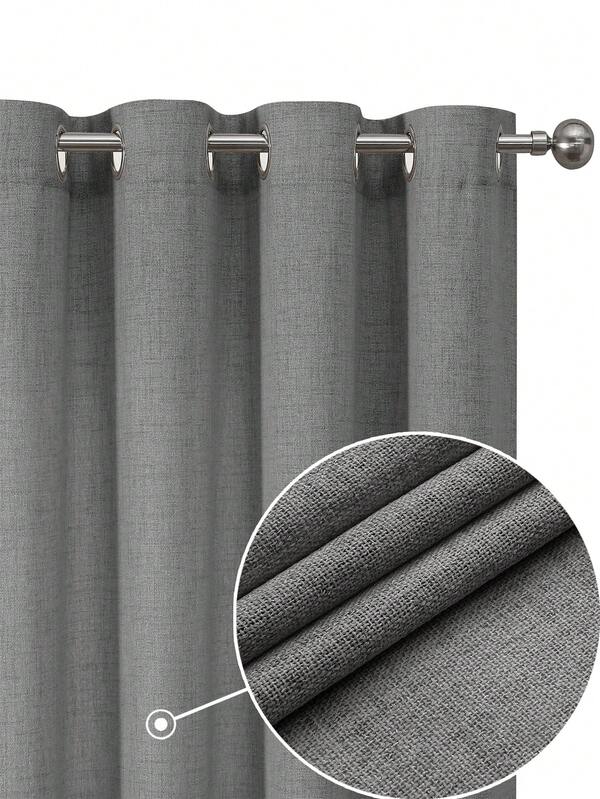 1pc/2pcs Set Faux Linen Texture Curtains, Suitable For Living Room Bedroom Privacy, Rustic Burlap Woven Semi-Sheer Grommet Top Light Filtering Curtains, Dark Grey