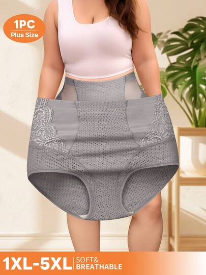 MEIYATING 1 件加大码高腰收腹内裤，透气网眼蕾丝边三角内裤，女式，夏季