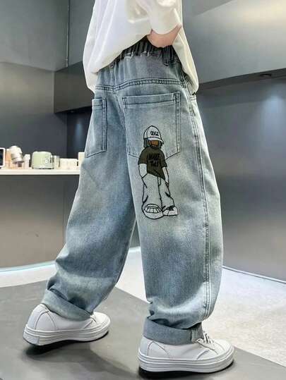Fashionable Casual Tween Boys Denim Jeans, Simple And Versatile For Daily Wear