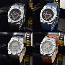 A Fully Automatic Mechanical Men's Watch, Royal Oak Brand Hexagonal Steel Strap Watch, With Mechanical Hollow Out, Silicone Strap, Hollow Dial, Classic Fashion, Gift Giving(Some Styles Are Random)