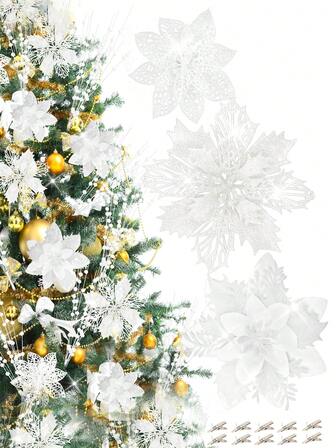 10 件/1 件人造白色一品红花夹、闪亮圣诞装饰品、闪光圣诞树饰品、花环装饰、圣诞花、婚礼派对花环、DIY 圣诞花环、节日派对装饰、新年派对装饰、婚礼花环树饰品（白色）