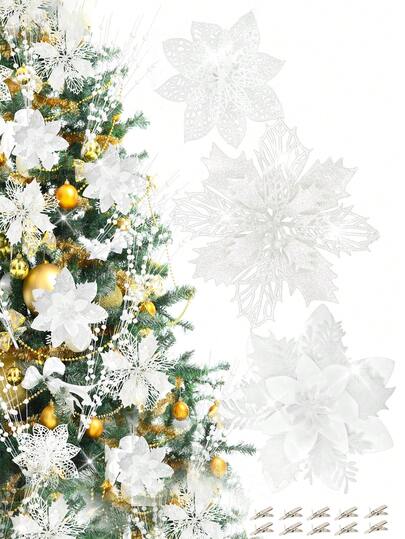 10pcs/1pc Artificial White Poinsettia Flower Clips, Shiny Christmas Decorations, Glitter Christmas Tree Ornaments, Wreath Decor, Christmas Flowers, Wedding Party Garland, DIY Christmas Wreath, Holiday Party Decorations, New Year Party Decor, Wedding Wreath Tree Ornaments (White)