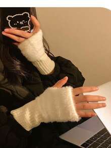 1/2/3/4 双女士纯色保暖针织露指手套，毛绒针织腕套，适用于触摸屏、办公室、学生写作、骑自行车、防冻 - 彩色 - 查看 7