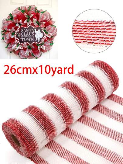 Rotolo di rete decorativa a strisce rosse e bianche a forma di canna di zucchero, 26cm x 10 metri, nastro per albero di Natale