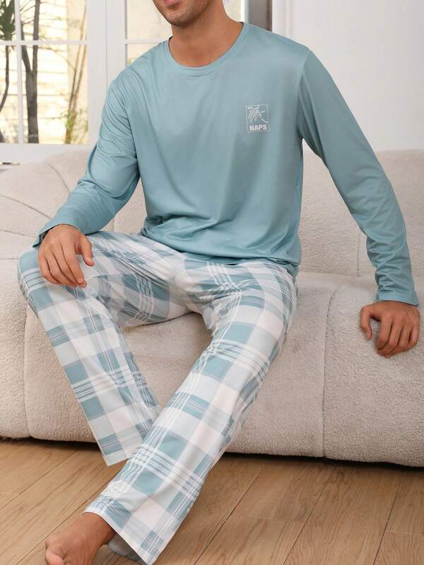 Men's Casual Sleepwear Set, Lightweight Round Neck Long Sleeve Plaid Print Top And Pants, Comfortable Loungewear For Spring And Autumn