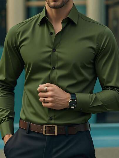 Camisa formal de manga larga de unicolor con diseño de botones para hombre