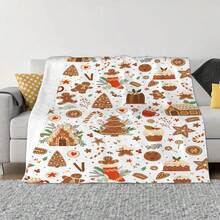 1pc Christmas Flannel Blanket With Gingerbread Man, Gingerbread House, Candy Cane, And Stocking Print, Soft And Warm Throw Blanket, Perfect Gift For Family And Friends, Suitable For Christmas Decor, Bedroom, Living Room, Office, Camping - White - View 5
