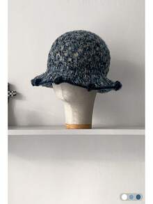 Mixed Color Knitted Bucket Hat For Women, Autumn/Winter, New Style, Large Head Circumference, Versatile, Simple, Natural Look, Fashionable, Compact, Warm Knitted Cap