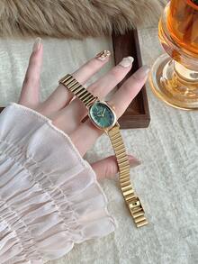 1 件全新女士竹表带手链手表，时尚风格小号金色椭圆形石英表，适合日常佩戴 - 金色 - 查看 9