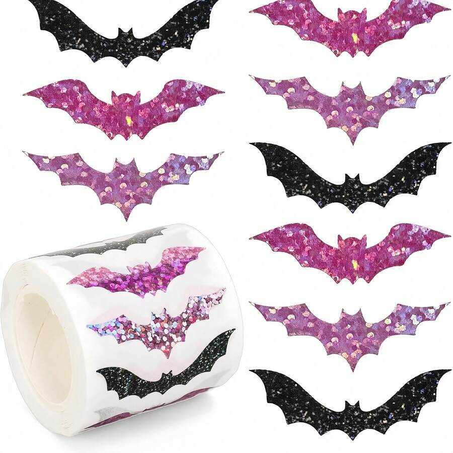 500Pcs Halloween Bats Stickers Roll - Laser Cut Pink Black Sparkly Glitter Bat Seal Stickers Waterproof Self-Adhesive Decals For Scrapbooking Journaling Planner Decorations Party Favors Supplies Gift Wrapping - 彩色 - 查看 1