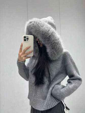 女士毛领连帽毛衣外套，韩版宽松小针织上衣，秋冬