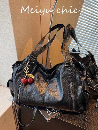 This Is A Classic And Fashionable Multi-Functional Solid Color Large Capacity Retro PU Leather Shoulder Bag, Decorated With A Cherry Pendant, And Is A Women's Commuter Bag With A Zipper Design. It Is Very Suitable For Shopping, Travel And Commuting And Other Occasions.